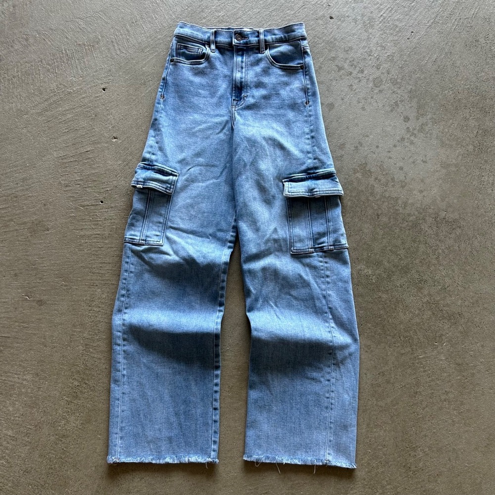 Hidden Wide Leg Cargo Jeans Womens 25 Blue Light Wash Denim Raw Hem High Waisted